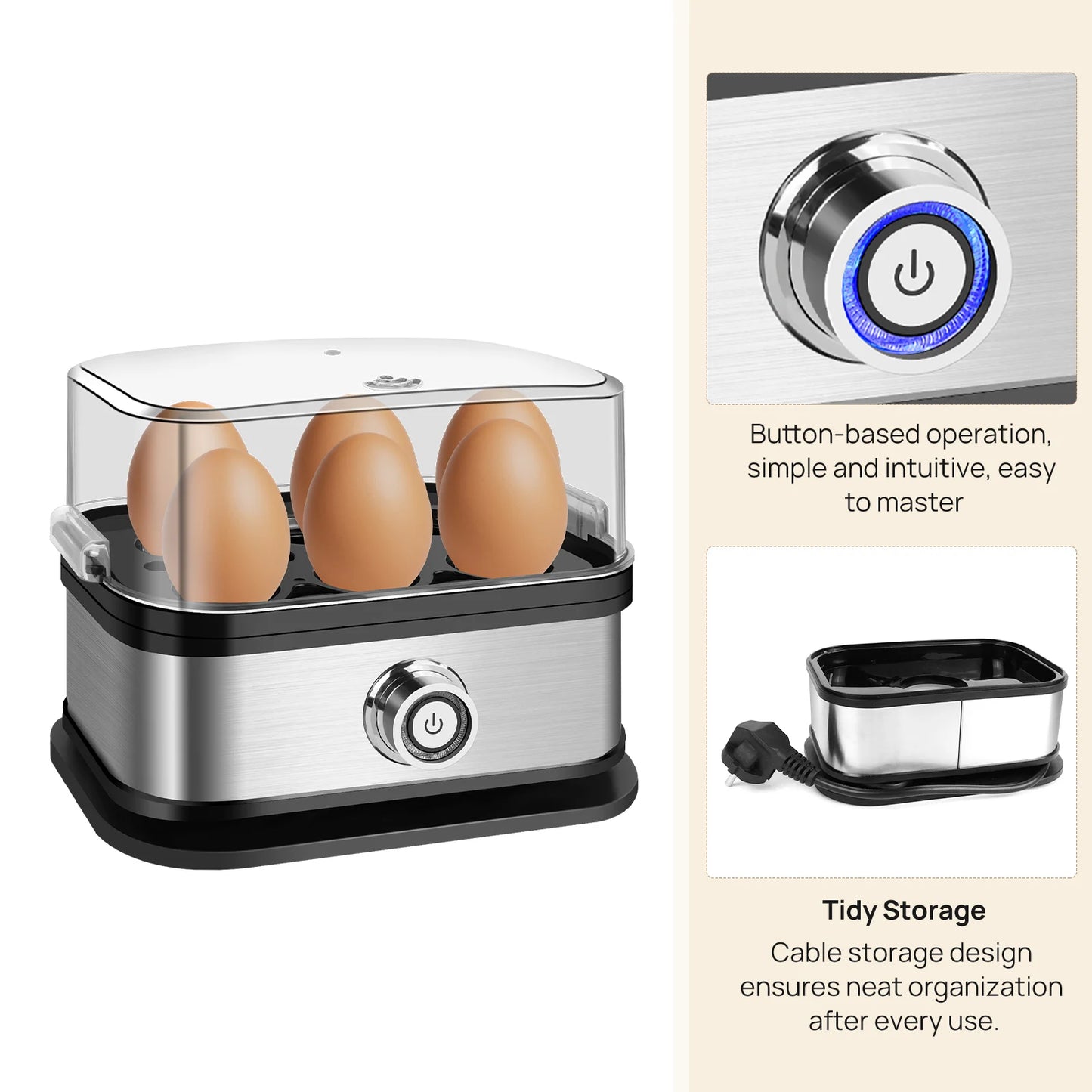 Egg Cooker Boiler, 350W Quick Boiling Electric Egg Poacher, Removable Tray, 6 Capacity Kitchen Stainless Steel Steamer