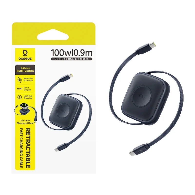 Baseus 100W Retractable PD QC Fast Charging Cable Built-in E-Watch Wireless Charging USB-C Type-C Data Cable For iPhone MacBook
