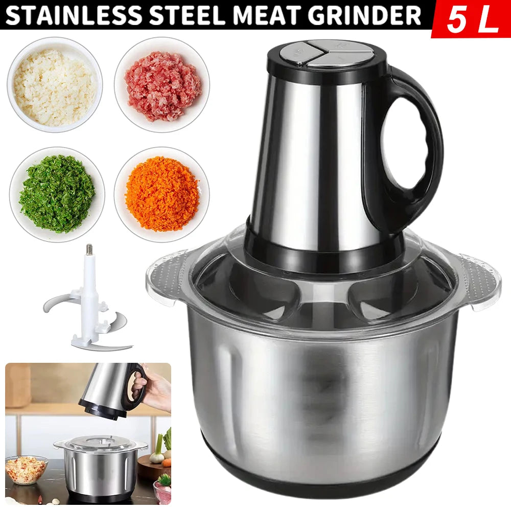 5L 304 Stainless Steel Electric Meat Grinder & Food Chopper with 2 Speeds Meat Mincer, Multifunctional Vegetable Slicer Chopper Mincer Baby Food Processor