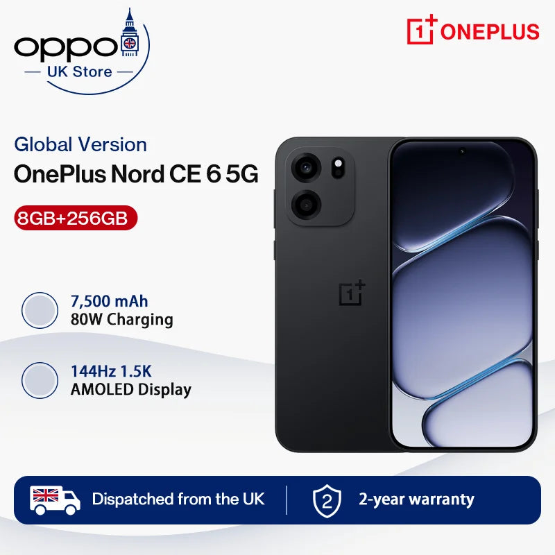 SIM Free OnePlus Nord CE 6 5G 8+256GB Mobile Phones 7500mAh 80W Snapdragon 7-series performance 144HZ 50MP Camera smart phone OxygenOS 16 IP69