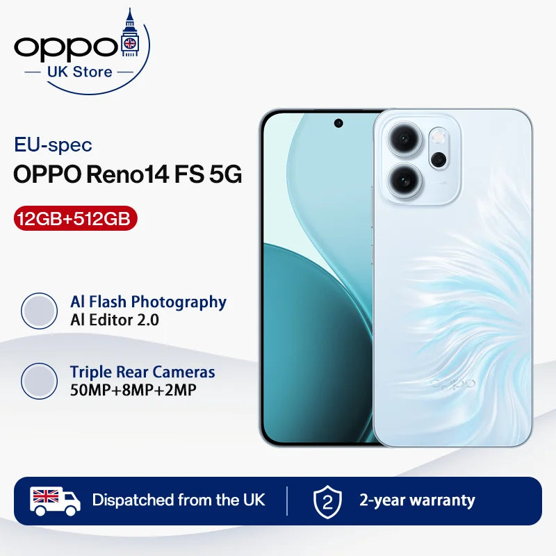 SIM Free OPPO Reno14 FS 5G 12GB+512GB Mobile Phones 6.57"AMOLED Screen Snapdragon 6 Gen 1 6000mAh 50MP AI Camera smart phone