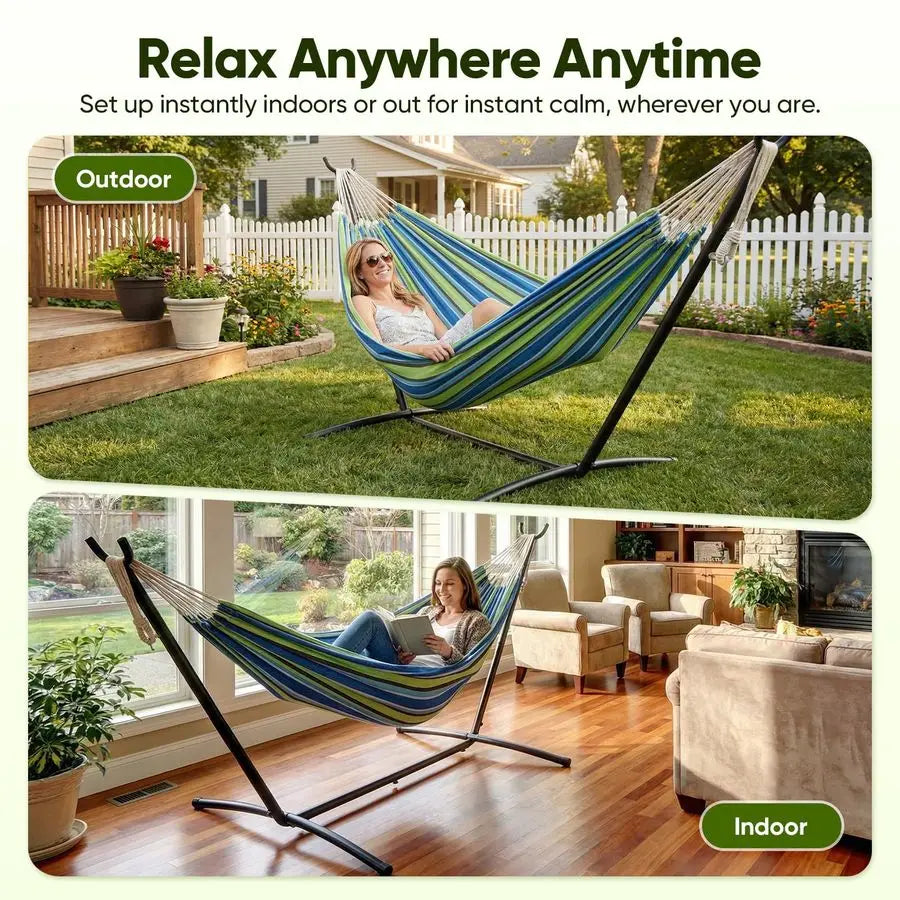 Double Canvas Hammock with Steel Stand 200kg 441 lbs Capacity, with Storage Bag for Indoor Outdoor Garden, Patio, Deck, Yard am