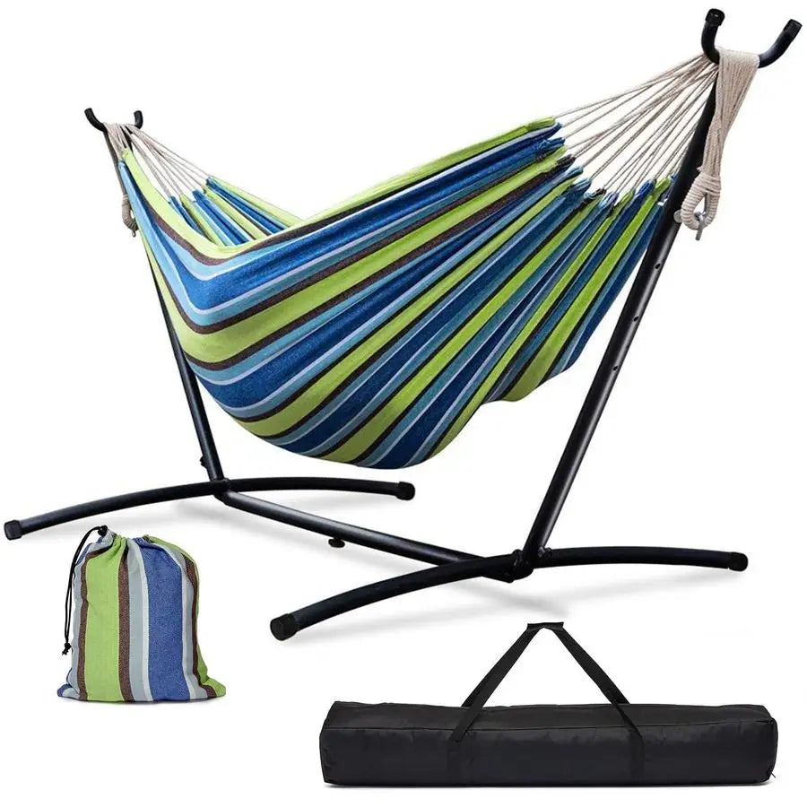 Double Canvas Hammock with Steel Stand 200kg 441 lbs Capacity, with Storage Bag for Indoor Outdoor Garden, Patio, Deck, Yard am