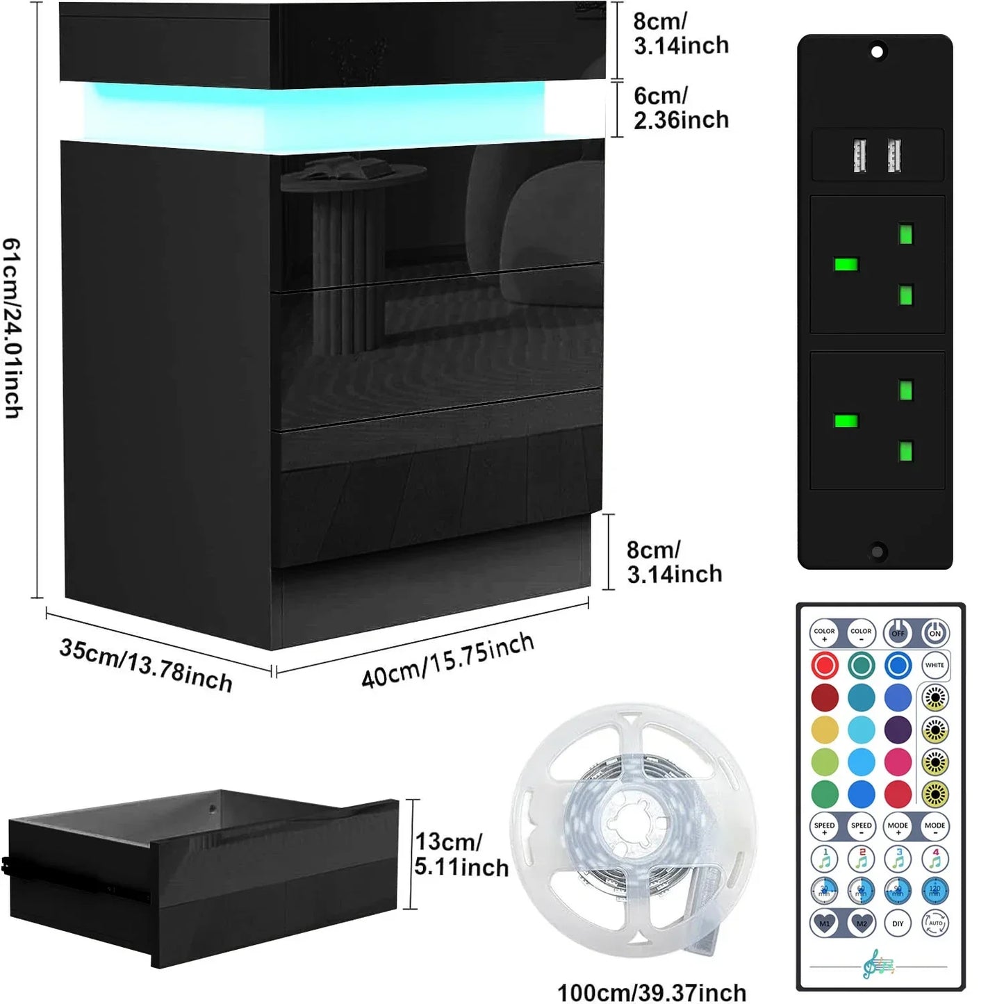 3 Drawers Wooden Nightstand Light Charging Station Bluetooth Light Power Bedroom Bedside Living Room UK Plug Bedroom Furniture
