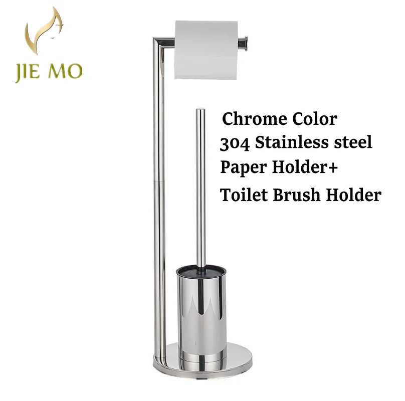 Floor-to-Ceiling Toilet Brush Holder with Toilet Paper Holder Stainless Steel Standing Paper Towel Holder