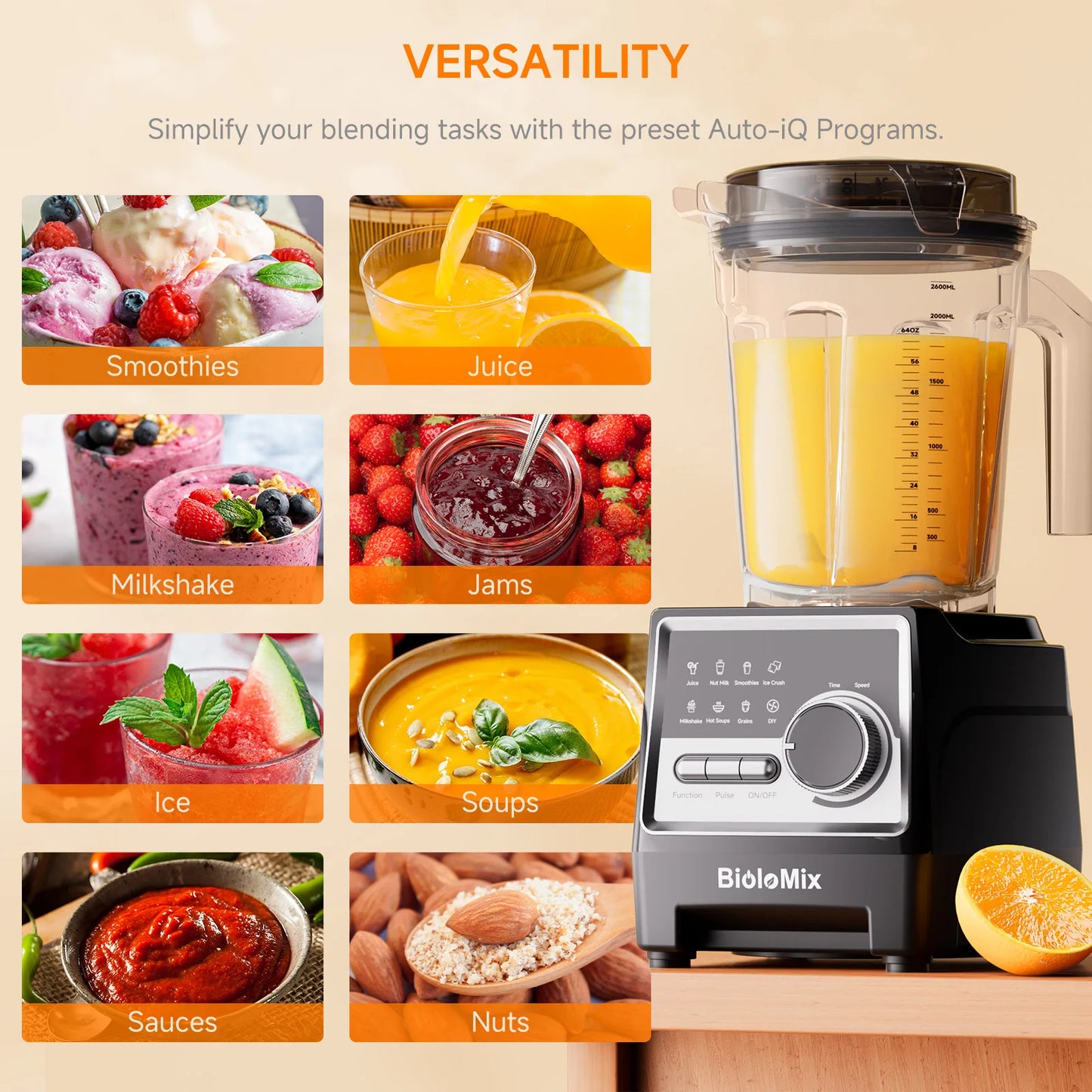 BioloMix 1500W Professional Blender, 2.6L BPA-Free Jar With 6 Blade, 7 Program Settings for Smoothies Shakes Nut Milk