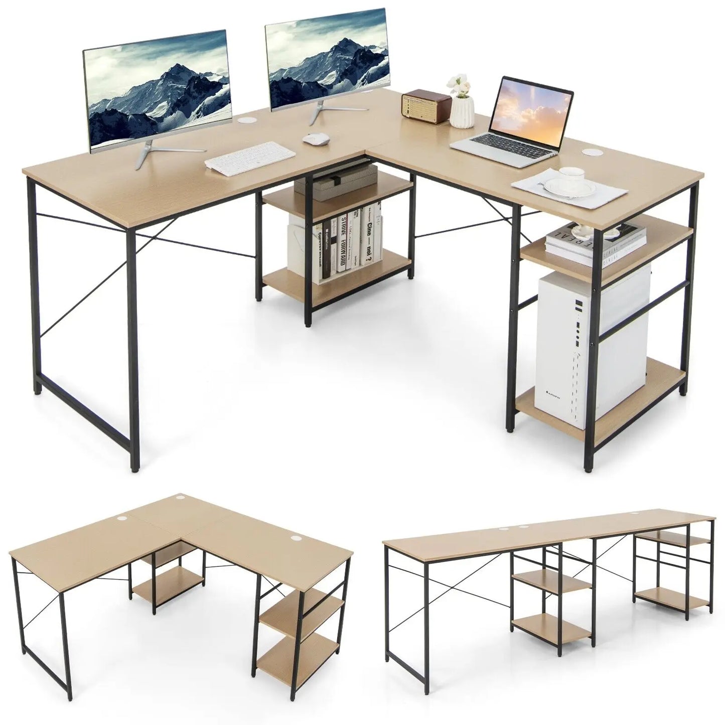 GOFLAME L-Shaped Corner Computer Desk Study Writing Desk Workstation with Storage Shelf