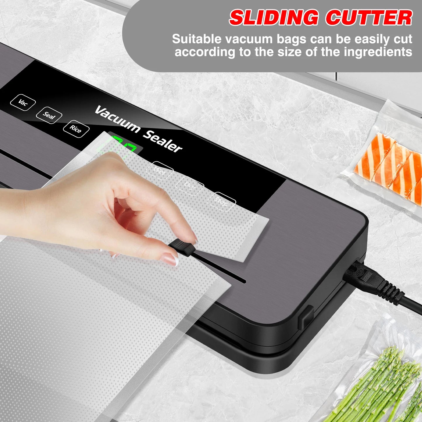 Vacuum Sealer, Automatic Food Vacuum Sealer, 5 Modes, with 10 Sealing Pockets and Built-in Cutter for Sealing of Wet and Dry Food