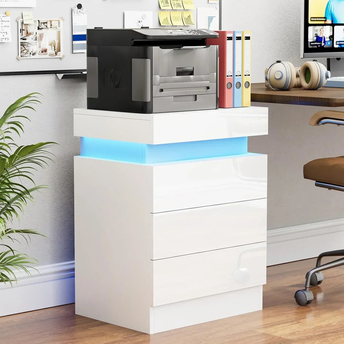 3 Drawers Wooden Nightstand Light Charging Station Bluetooth Light Power Bedroom Bedside Living Room UK Plug Bedroom Furniture