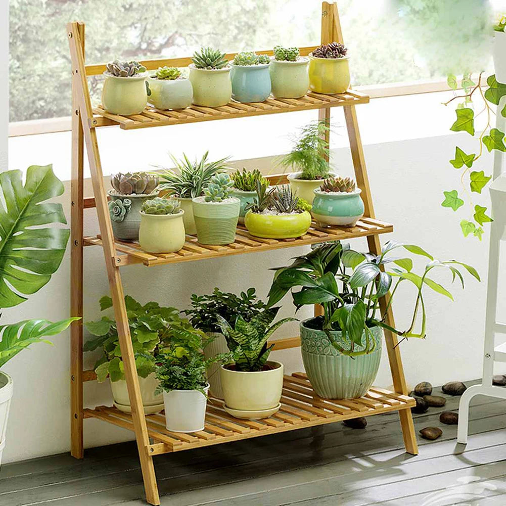 Foldable 3-layer flower pot rack balcony garden plant display wooden ladder rack indoor and outdoor