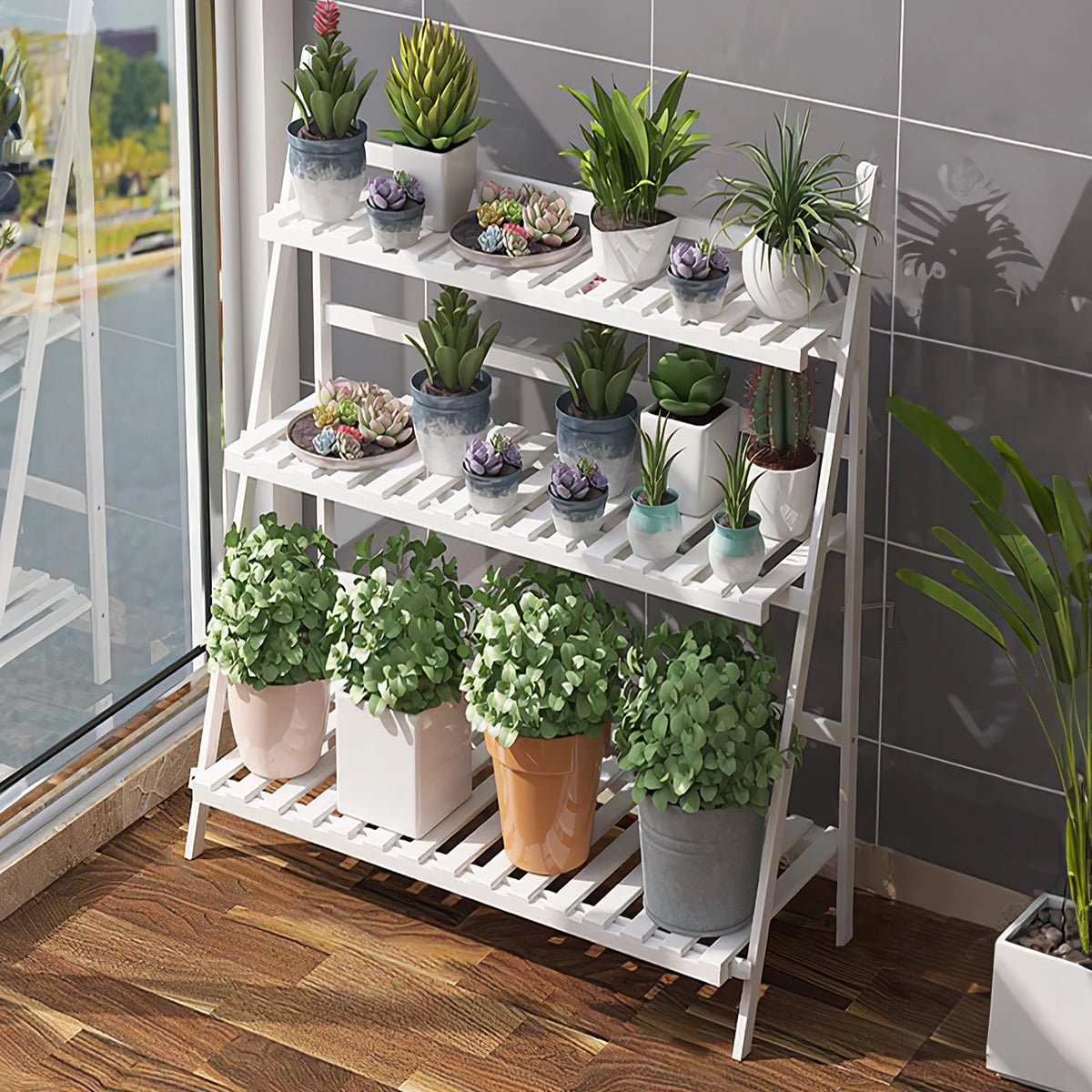Foldable 3-layer flower pot rack balcony garden plant display wooden ladder rack indoor and outdoor