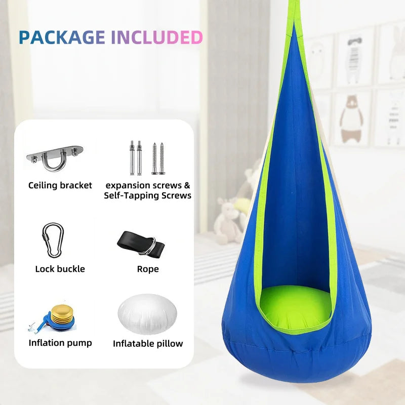 Children Hanging Pod Swing Hammock Chair With Inflatable Cushion & Side Pocket Portable Sensory Swing For Kids Indoor Outdoor