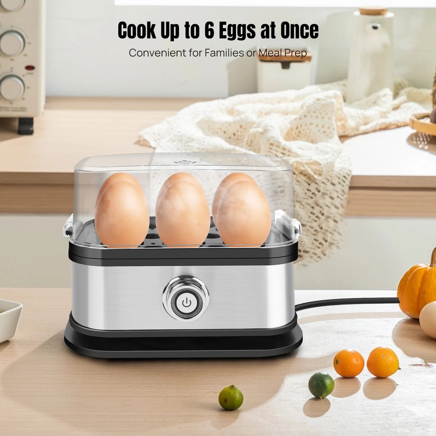 Egg Cooker Boiler, 350W Quick Boiling Electric Egg Poacher, Removable Tray, 6 Capacity Kitchen Stainless Steel Steamer