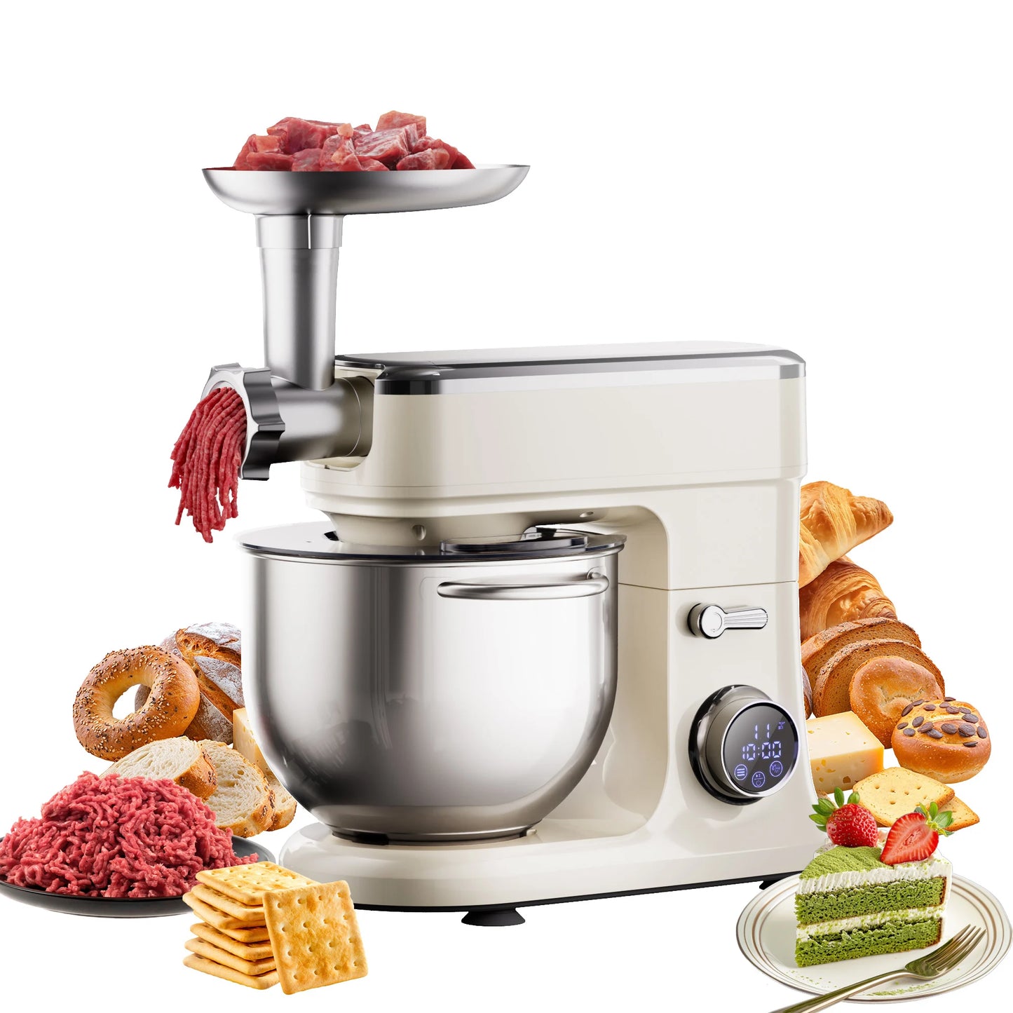 BioloMix 7L Stand Mixer for Baking 1200W DC Motor with Dough Hook Whisk Beater Meat Grinder Attachment - Food Mixer