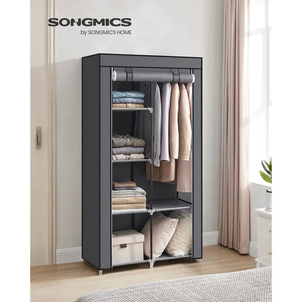 Fabric Wardrobe, Clothes Storage Organiser, 6 Shelves, 1 Hanging Rail, NonWoven Fabric, Metal Frame, 45 x 88 x 168 cm, for Bedr