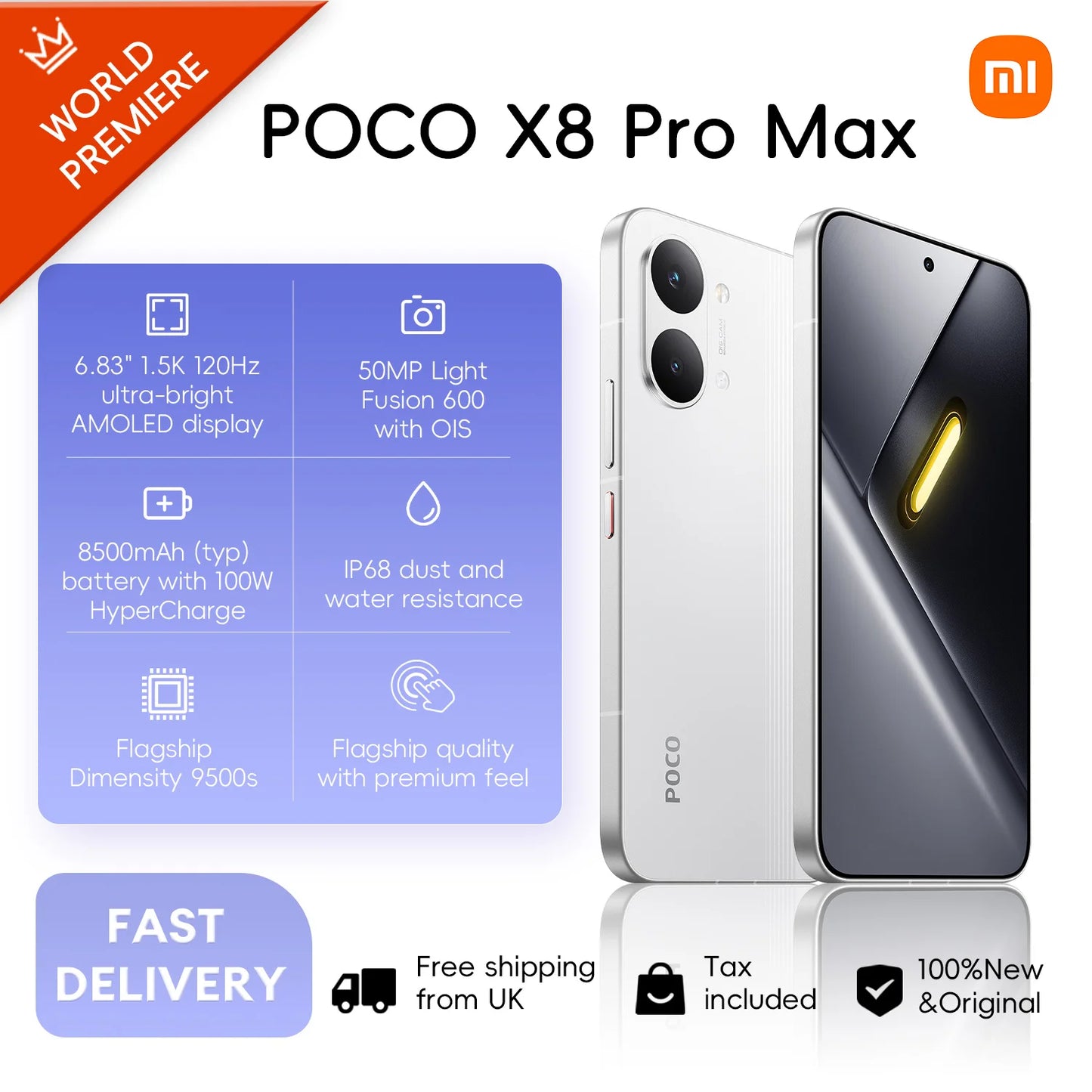 POCO X8 Pro Max 5G, 12+256GB Global Version, 6.83' 1.5K 120Hz Display MediaTek Dimensity 9500s 50MP 8500mAh 100W HyperCharge NFC