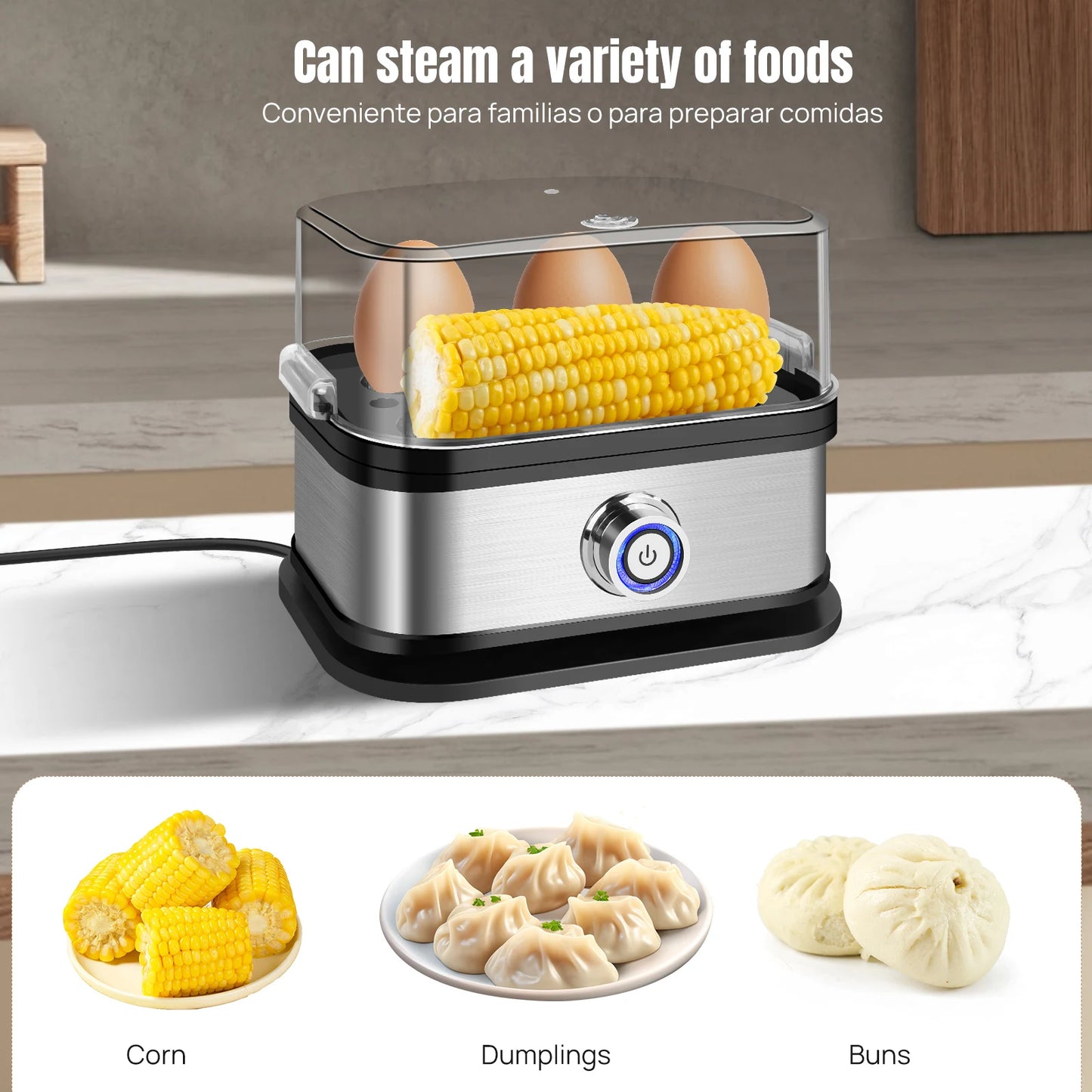 Egg Cooker Boiler, 350W Quick Boiling Electric Egg Poacher, Removable Tray, 6 Capacity Kitchen Stainless Steel Steamer