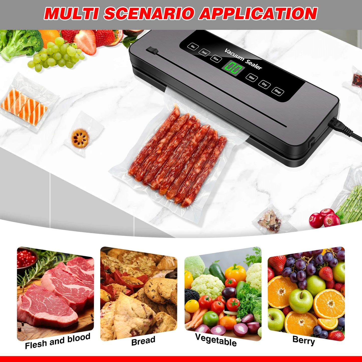 Vacuum Sealer, Automatic Food Vacuum Sealer, 5 Modes, with 10 Sealing Pockets and Built-in Cutter for Sealing of Wet and Dry Food