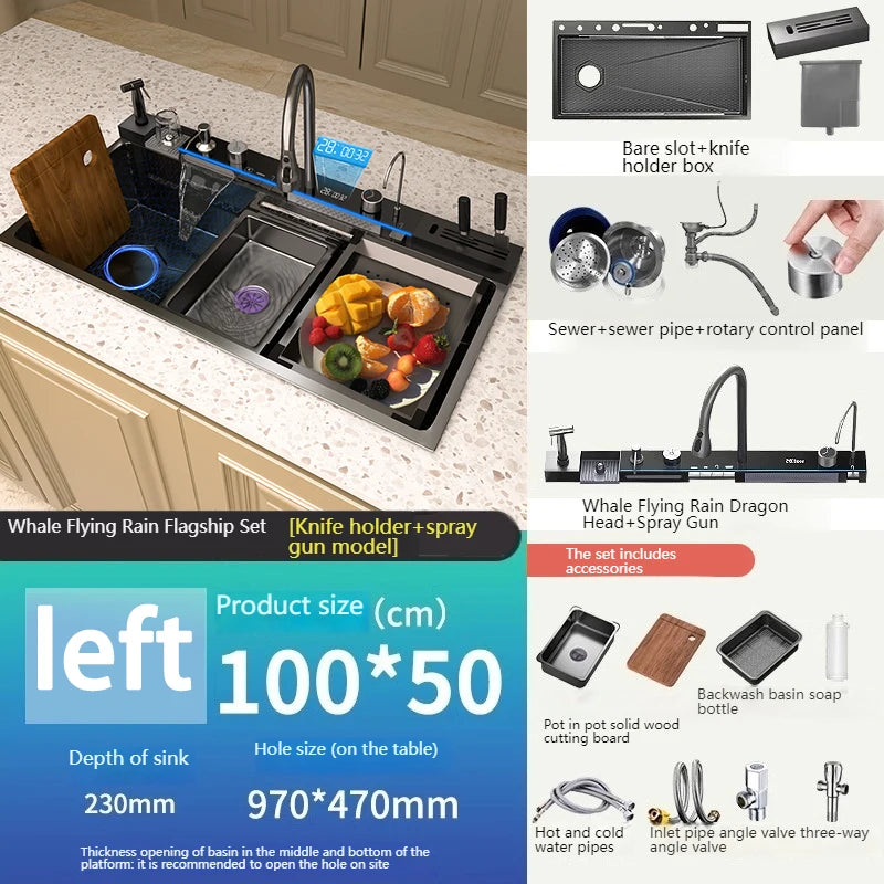 Golden Stainless Steel Kitchen Sink Waterfall Outlet Large Single Sink Digital Display Dishwashing and Vegetable Sinks