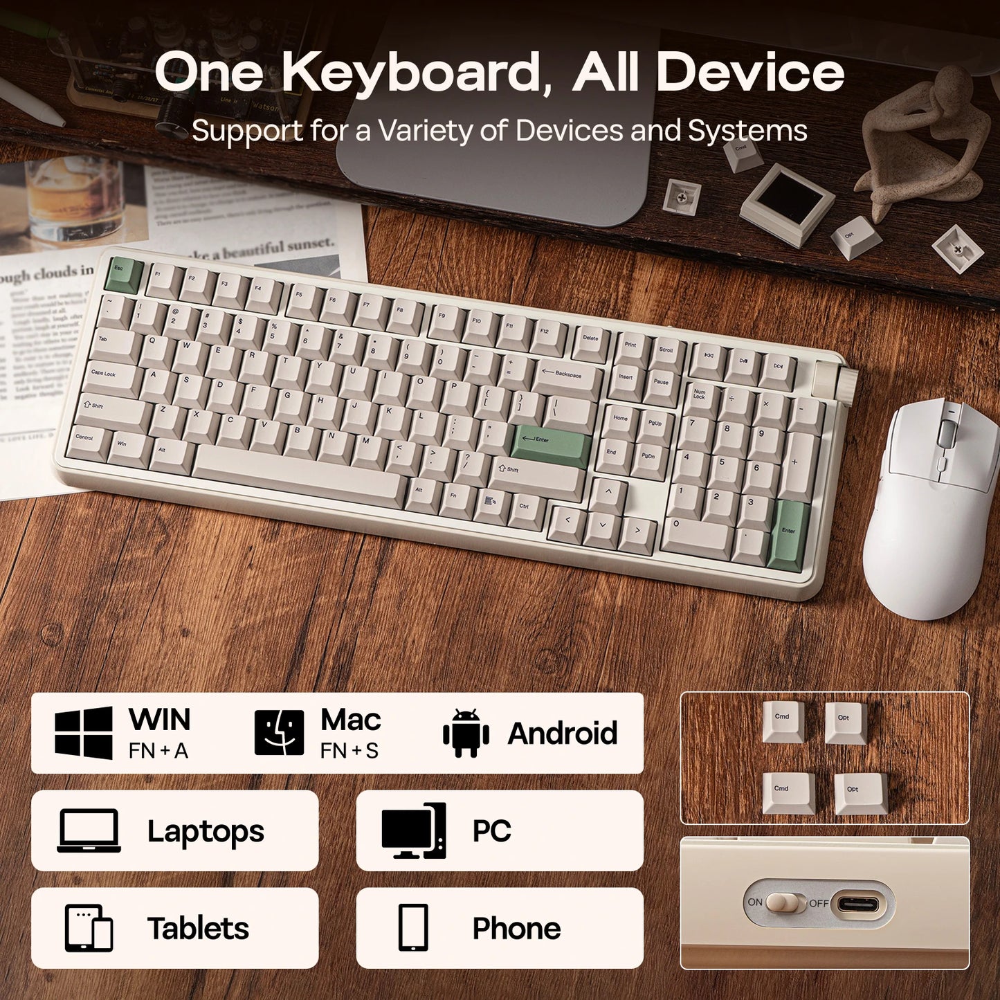 EPOMAKER RT100 PRO Full Sized ANSI US Layout Tri-mode Wireless Mechanical Gaming Keyboard with 5000mAh Battery & RGB Backlight