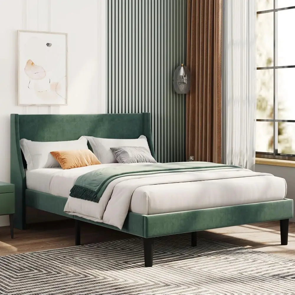 HAUSPROFI Double Bed Frame 135cm, Upholstered Bed with Winged Headboard, Wooden Slats Support, Easy Assembly, Modern Bed