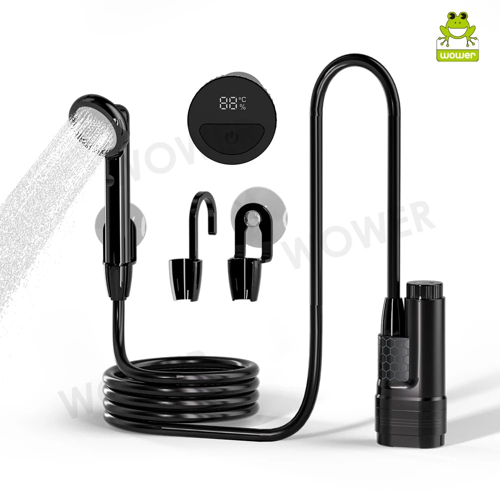Outdoor Camping Shower with Temperature & Battery Display IPX8 Waterproof Portable Electric Shower Pump for Hiking Pet RV Bide