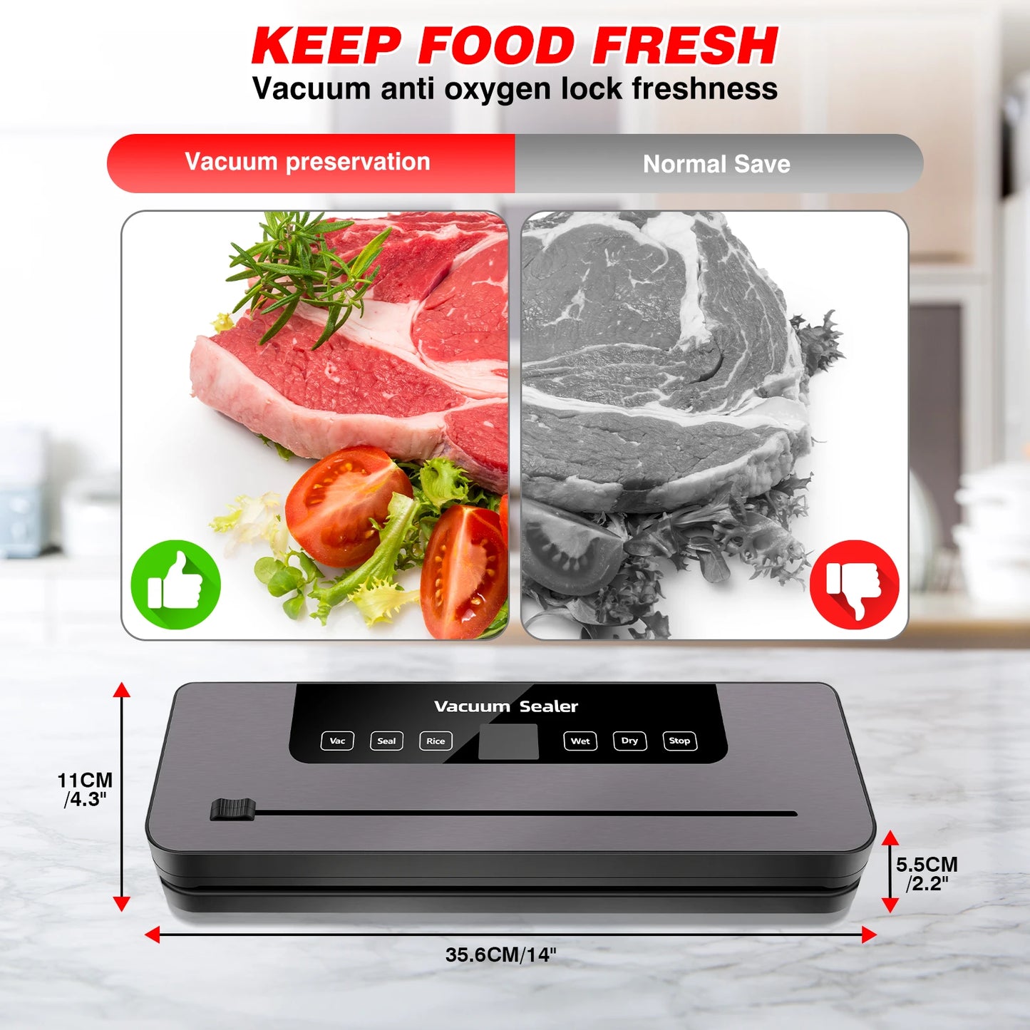 Vacuum Sealer, Automatic Food Vacuum Sealer, 5 Modes, with 10 Sealing Pockets and Built-in Cutter for Sealing of Wet and Dry Food