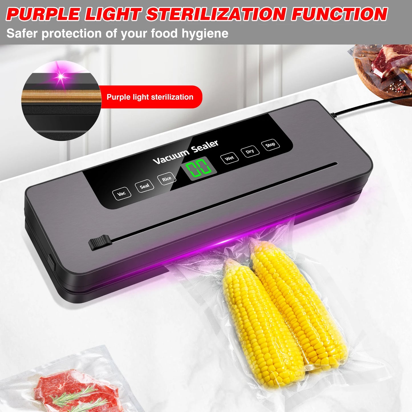 Vacuum Sealer, Automatic Food Vacuum Sealer, 5 Modes, with 10 Sealing Pockets and Built-in Cutter for Sealing of Wet and Dry Food
