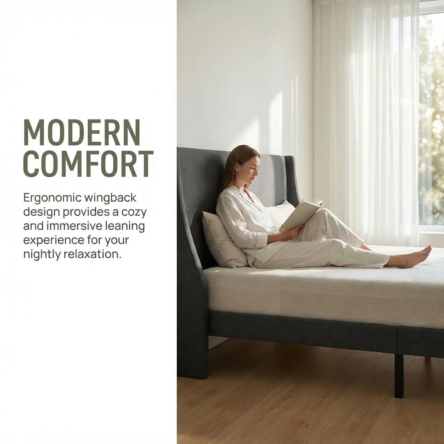 HAUSPROFI Double Bed Frame 135cm, Upholstered Bed with Winged Headboard, Wooden Slats Support, Easy Assembly, Modern Bed