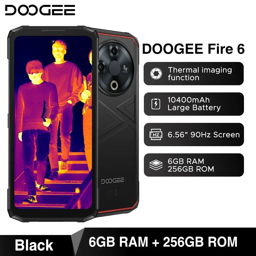 DOOGEE Fire 6 Rugged Phone Thermal Imaging 10400mAh Large Battery 6.56" 16GB(6+10) 256GB 50MP AI Main Camera Mobile Phone