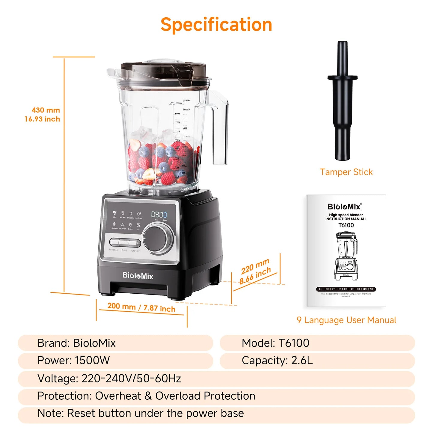 BioloMix 1500W Professional Blender, 2.6L BPA-Free Jar With 6 Blade, 7 Program Settings for Smoothies Shakes Nut Milk