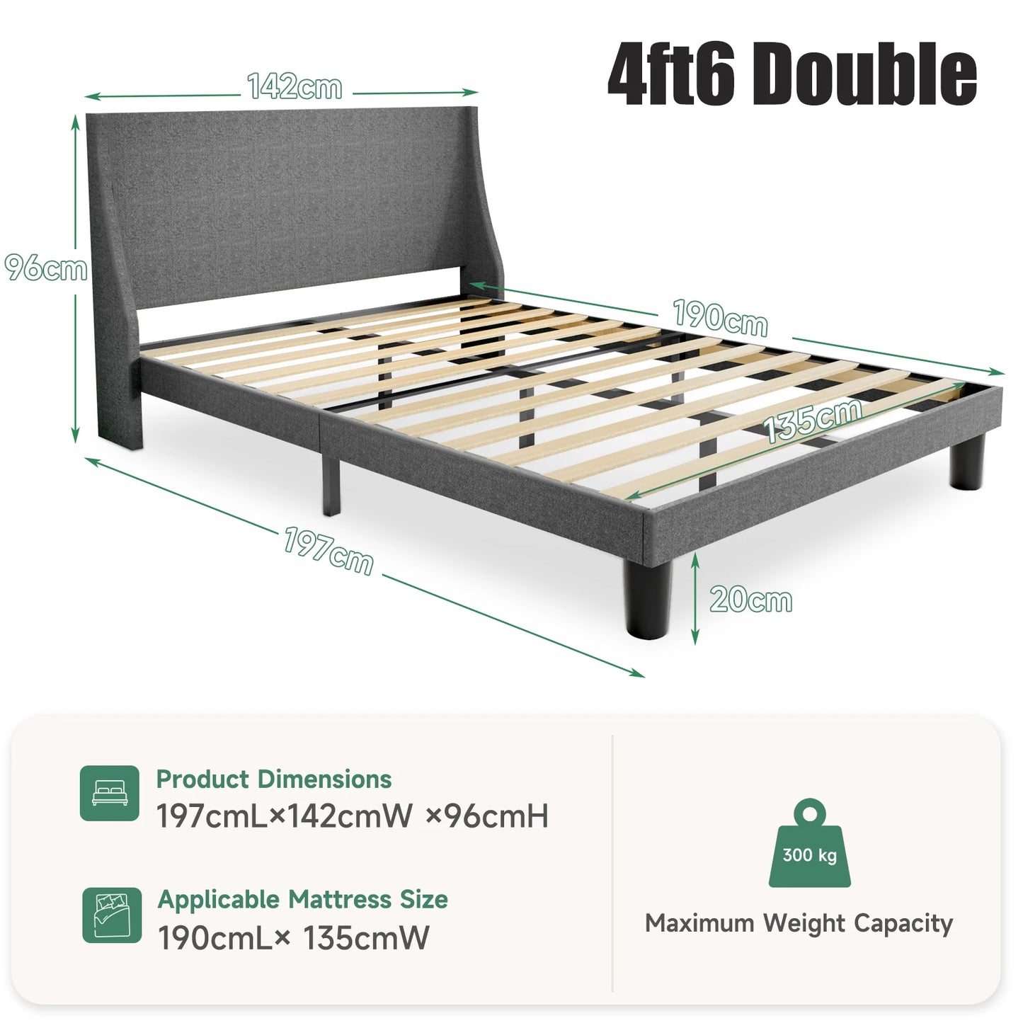 HAUSPROFI Double Bed Frame 135cm, Upholstered Bed with Winged Headboard, Wooden Slats Support, Easy Assembly, Modern Bed