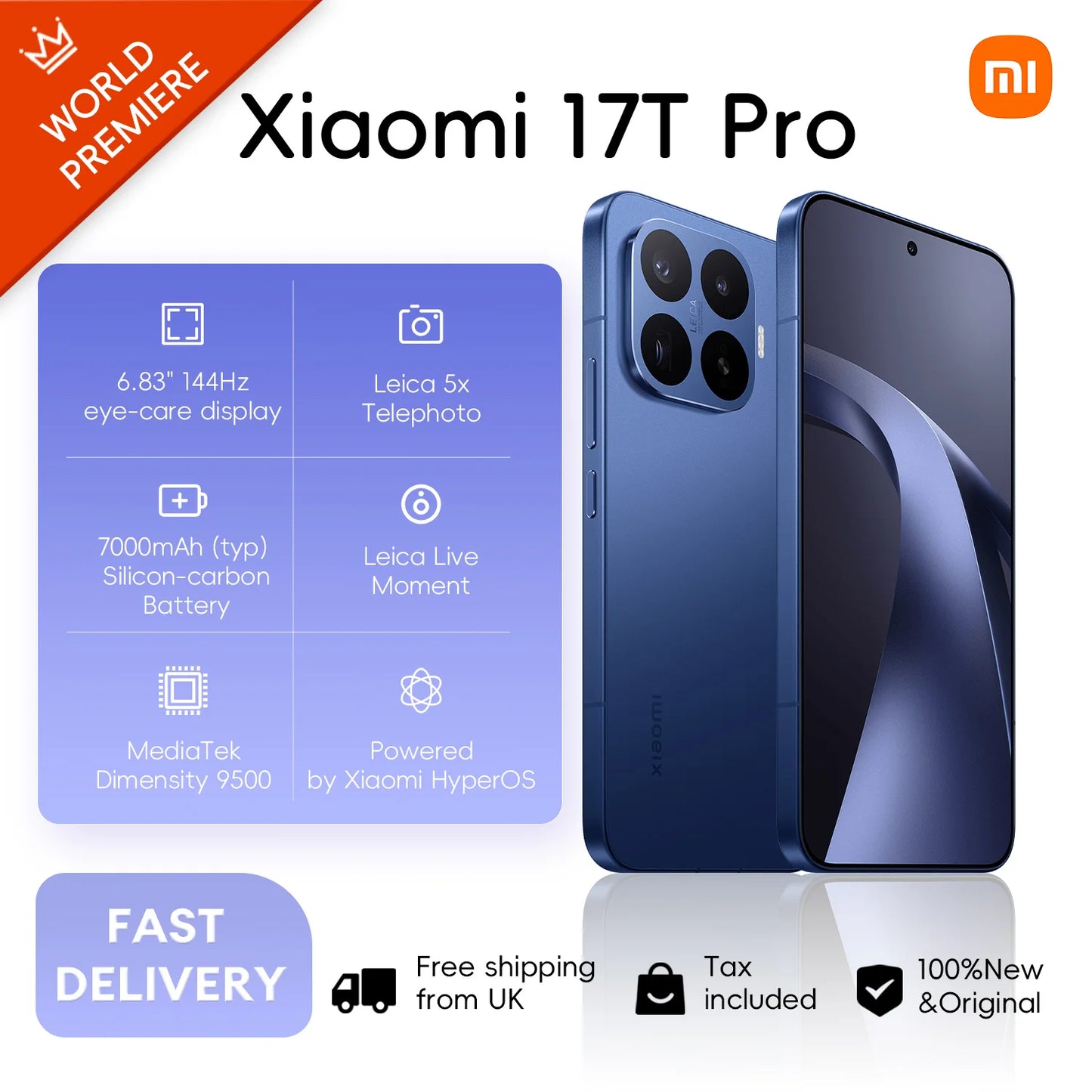 Xiaomi 17T Pro 5G, 12+512GB Global Version, MediaTek Dimensity 9500 6.83" 144Hz 1.5K AMOLED Display 50MP 7000mAh 100W Wired 50W Wireless Dual eSIM NFC