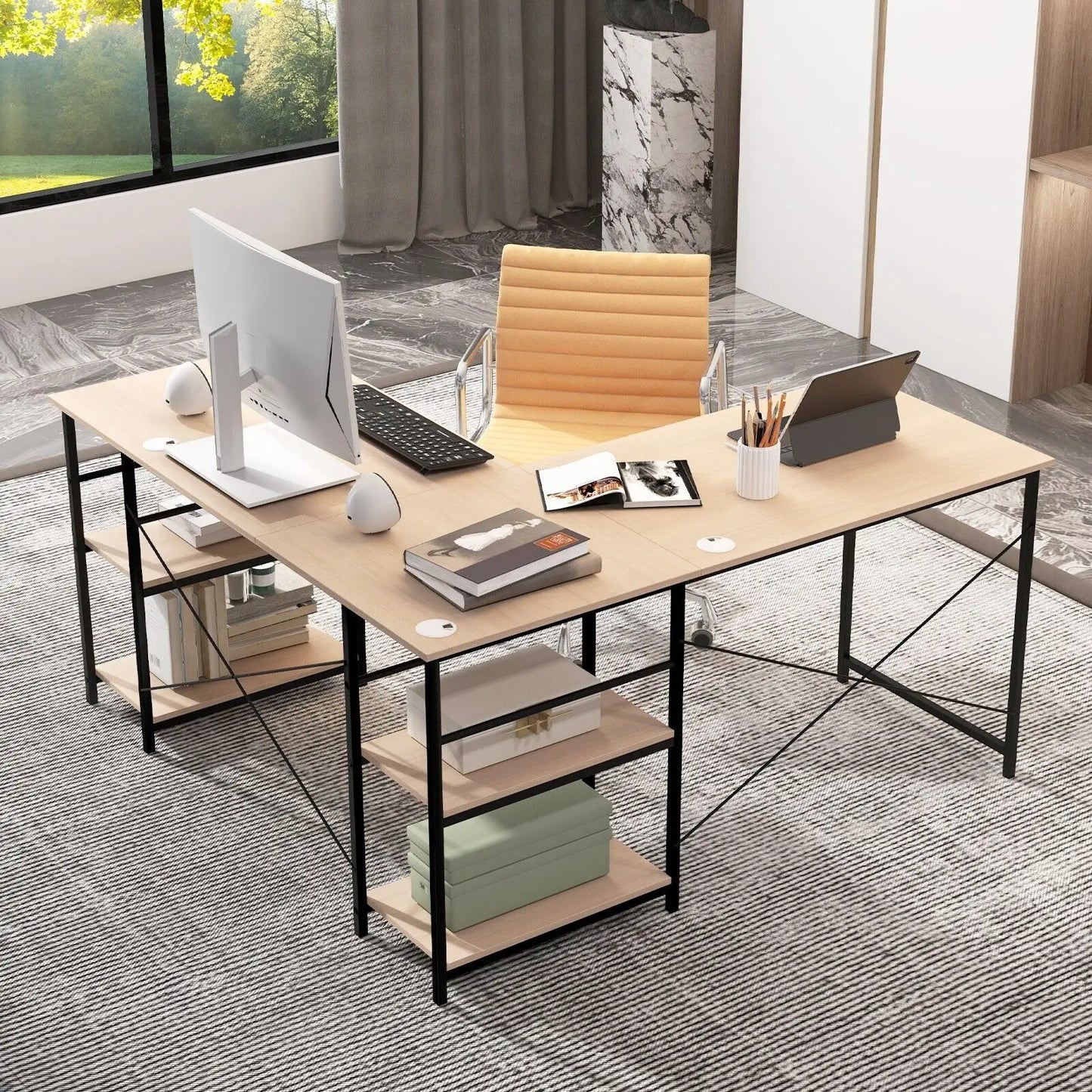 GOFLAME L-Shaped Corner Computer Desk Study Writing Desk Workstation with Storage Shelf