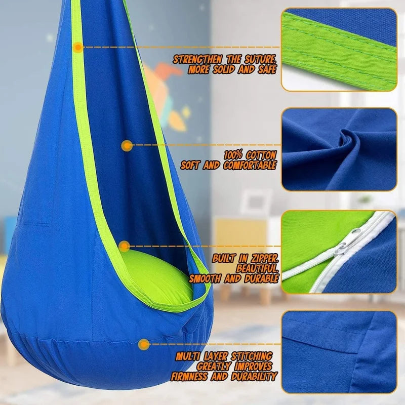 Children Hanging Pod Swing Hammock Chair With Inflatable Cushion & Side Pocket Portable Sensory Swing For Kids Indoor Outdoor