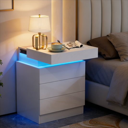3 Drawers Wooden Nightstand Light Charging Station Bluetooth Light Power Bedroom Bedside Living Room UK Plug Bedroom Furniture