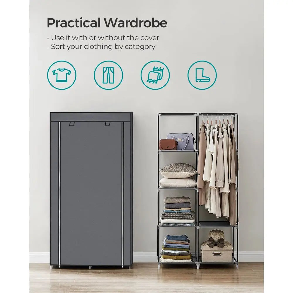 Fabric Wardrobe, Clothes Storage Organiser, 6 Shelves, 1 Hanging Rail, NonWoven Fabric, Metal Frame, 45 x 88 x 168 cm, for Bedr