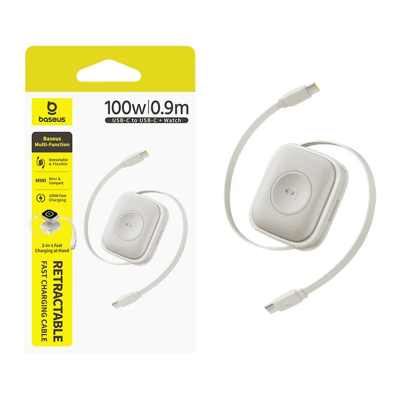 Baseus 100W Retractable PD QC Fast Charging Cable Built-in E-Watch Wireless Charging USB-C Type-C Data Cable For iPhone MacBook