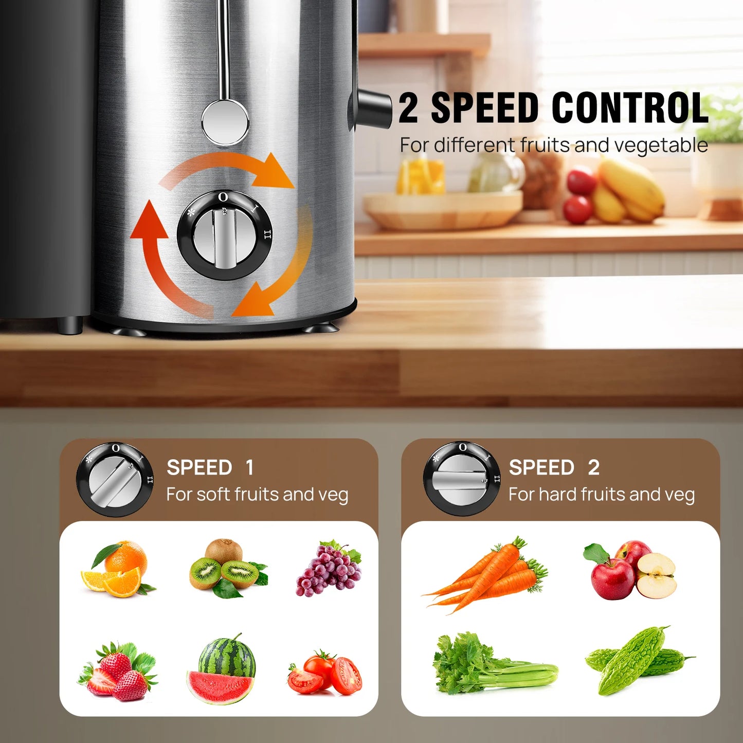 1000W Juicer Machine Whole Fruit and Vegetable Juice Extractor Stainless Steel, 500ML Capacity, 2 Speeds Adjustable