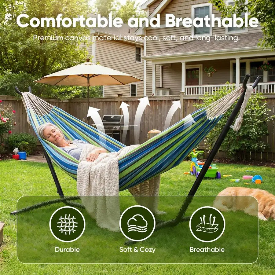 Double Canvas Hammock with Steel Stand 200kg 441 lbs Capacity, with Storage Bag for Indoor Outdoor Garden, Patio, Deck, Yard am