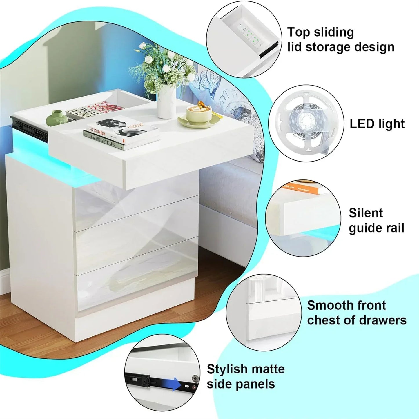 3 Drawers Wooden Nightstand Light Charging Station Bluetooth Light Power Bedroom Bedside Living Room UK Plug Bedroom Furniture