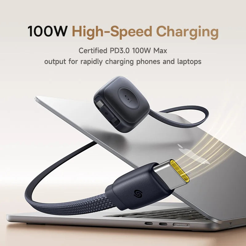 Baseus 100W Retractable PD QC Fast Charging Cable Built-in E-Watch Wireless Charging USB-C Type-C Data Cable For iPhone MacBook