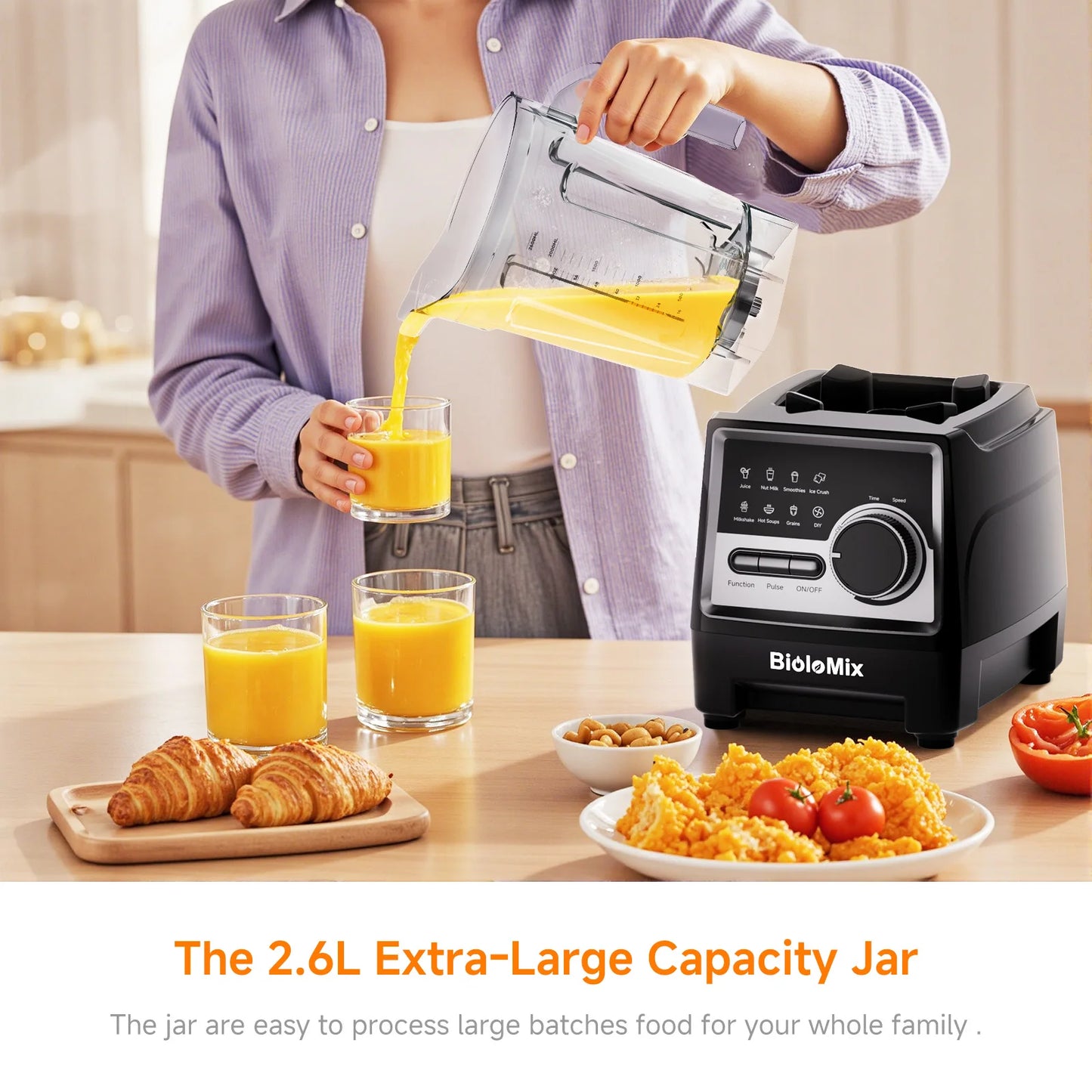 BioloMix 1500W Professional Blender, 2.6L BPA-Free Jar With 6 Blade, 7 Program Settings for Smoothies Shakes Nut Milk