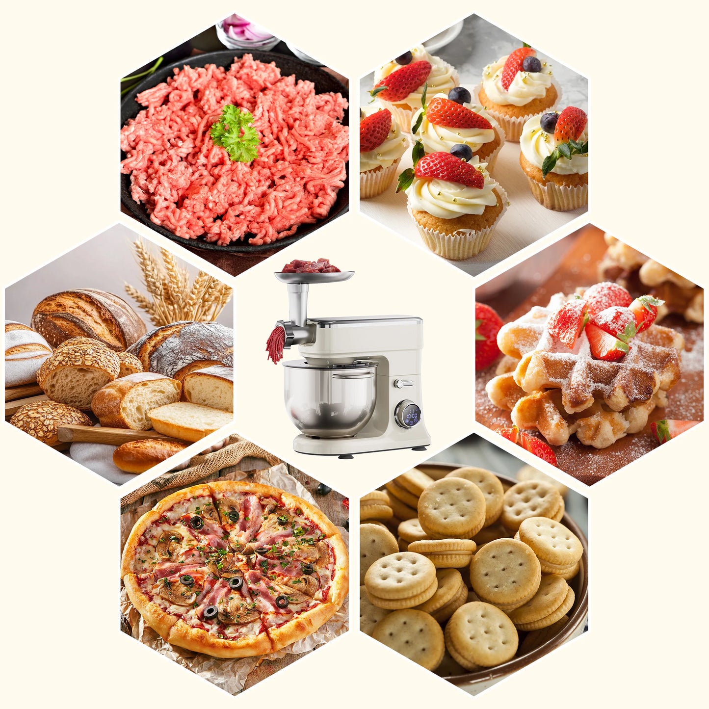 BioloMix 7L Stand Mixer for Baking 1200W DC Motor with Dough Hook Whisk Beater Meat Grinder Attachment - Food Mixer