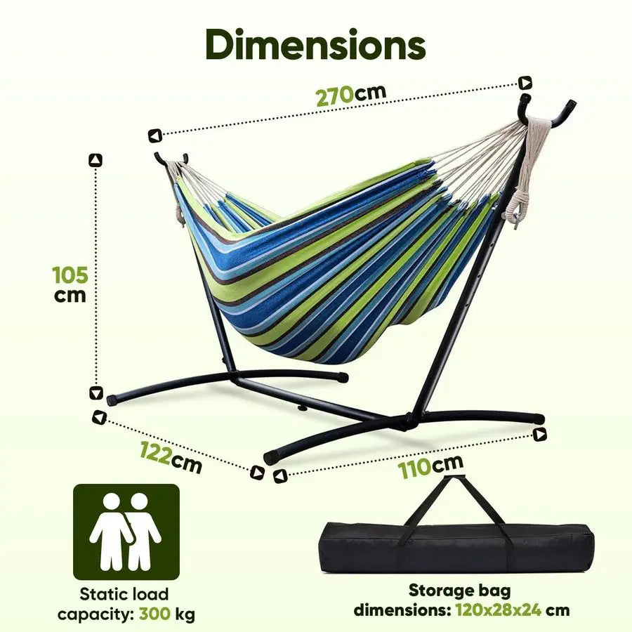 Double Canvas Hammock with Steel Stand 200kg 441 lbs Capacity, with Storage Bag for Indoor Outdoor Garden, Patio, Deck, Yard am