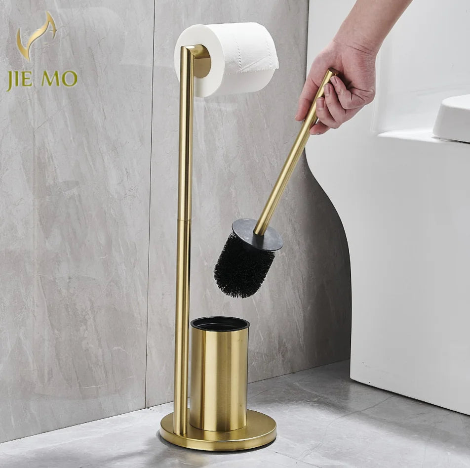 Floor-to-Ceiling Toilet Brush Holder with Toilet Paper Holder Stainless Steel Standing Paper Towel Holder