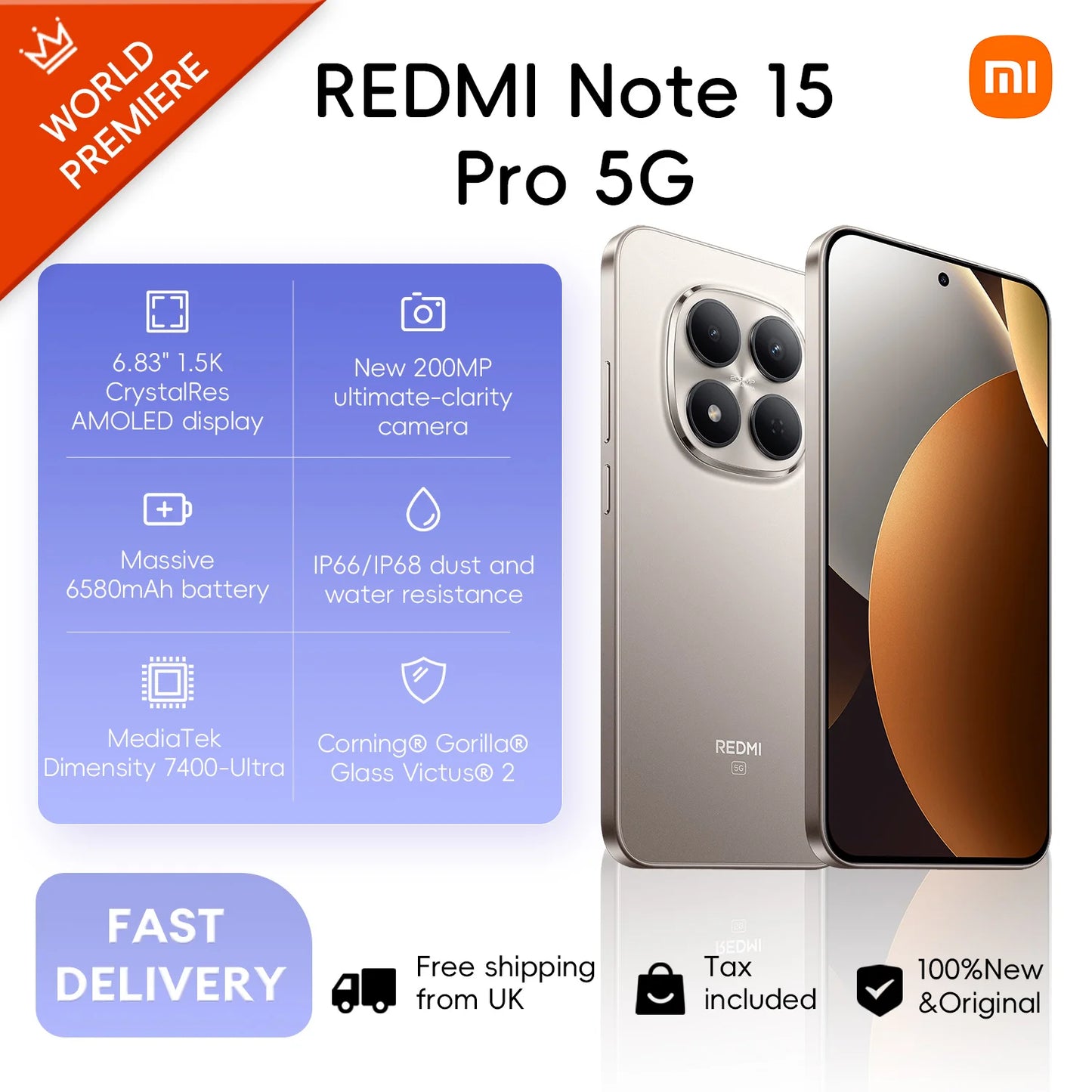 Xiaomi Redmi Note 15 Pro 5G, 12+512GB Global Version, MediaTek Dimensity 7400-Ultra 6.83" 120Hz AMOLED Display 200MP 6580mAh 45W