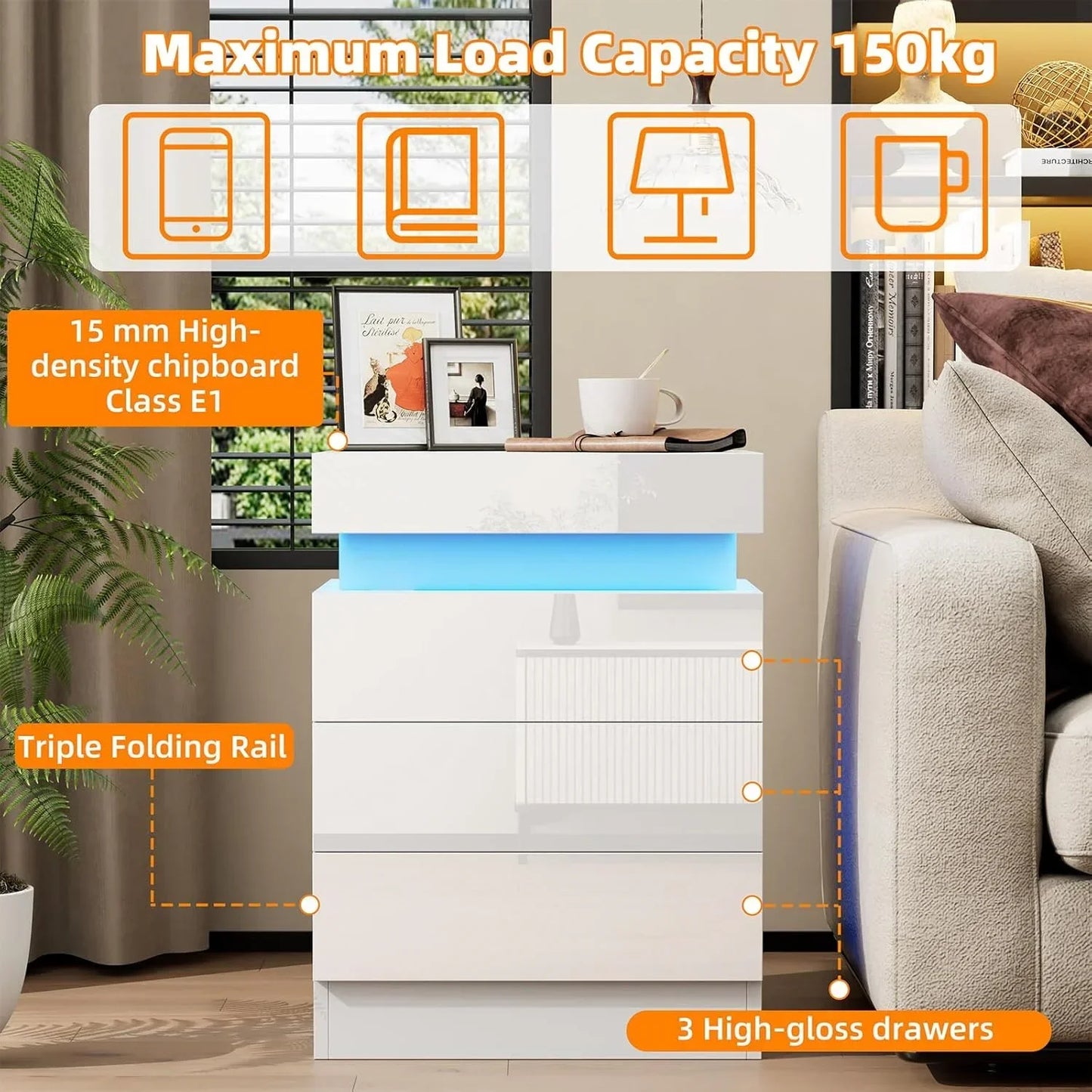 3 Drawers Wooden Nightstand Light Charging Station Bluetooth Light Power Bedroom Bedside Living Room UK Plug Bedroom Furniture