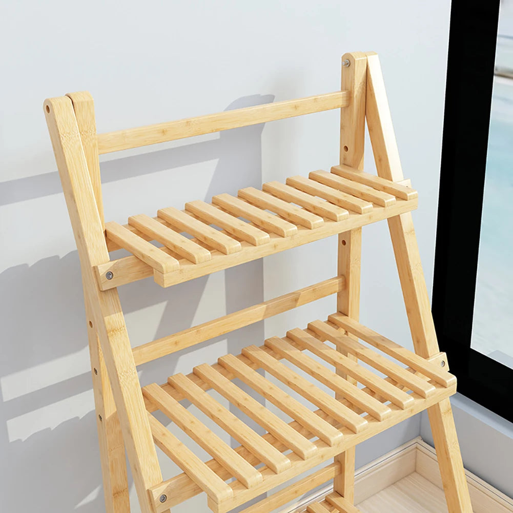 Foldable 3-layer flower pot rack balcony garden plant display wooden ladder rack indoor and outdoor