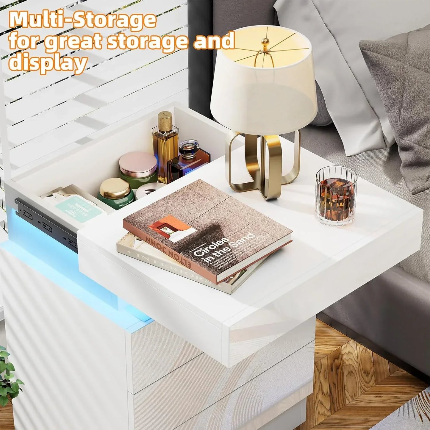 3 Drawers Wooden Nightstand Light Charging Station Bluetooth Light Power Bedroom Bedside Living Room UK Plug Bedroom Furniture